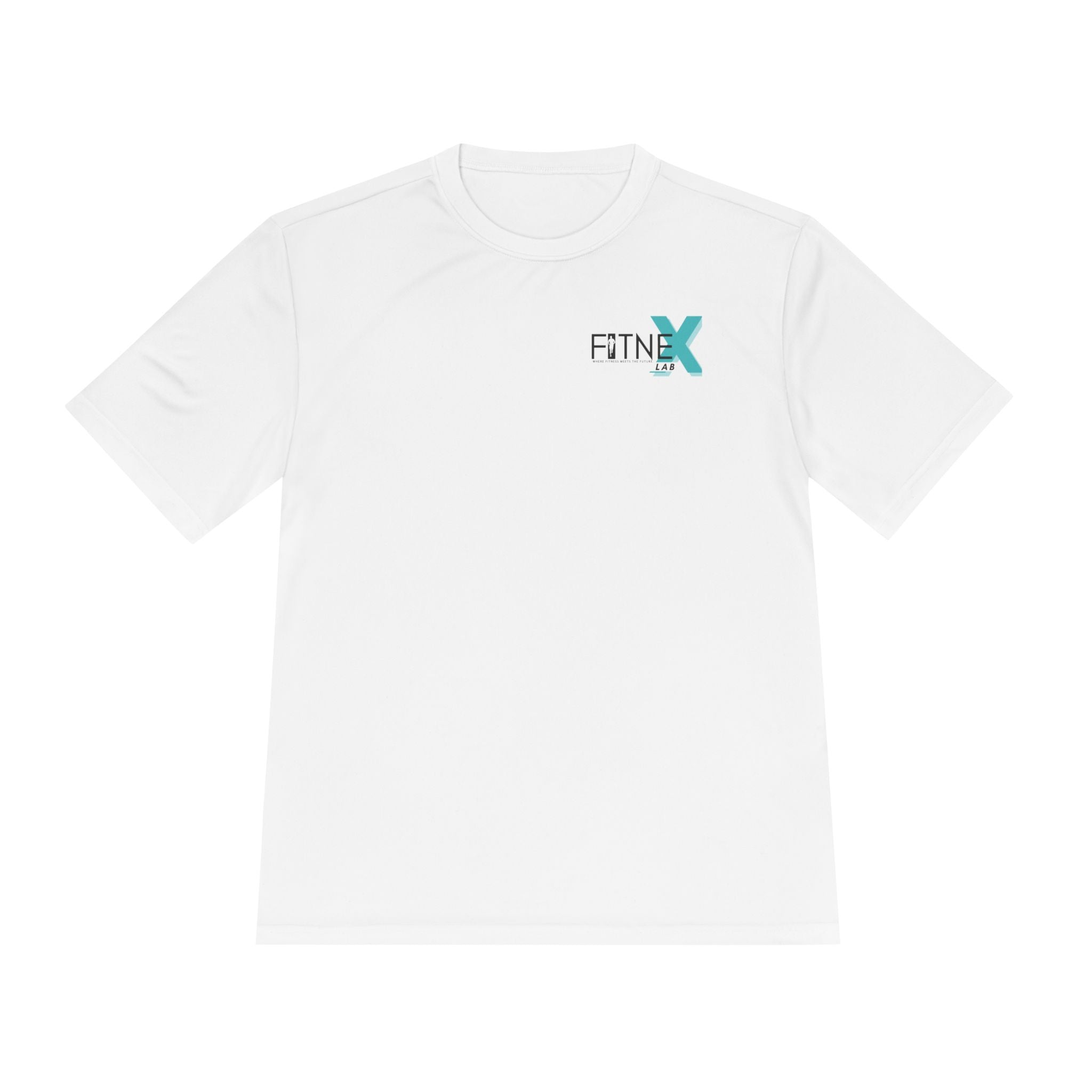 White t-shirt with a logo on the chest against a white background