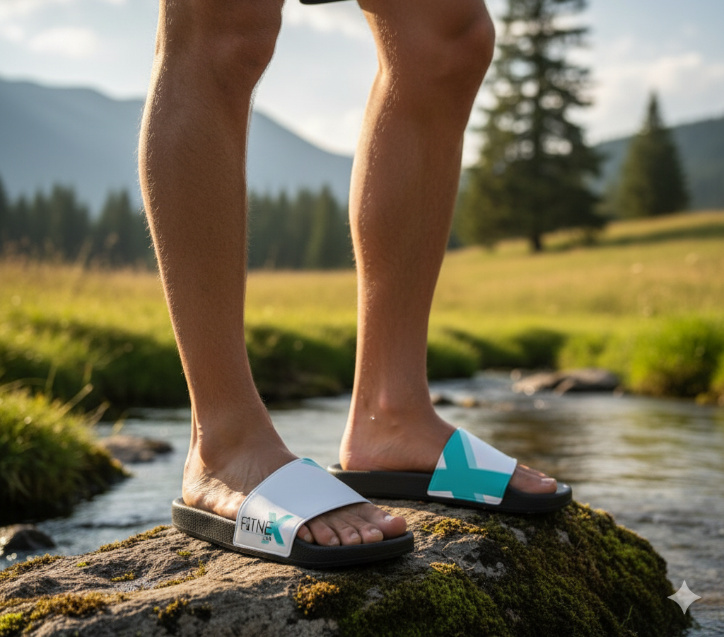 Person wearing sandals with a brand logo standing on a rock by a stream in a natural setting.